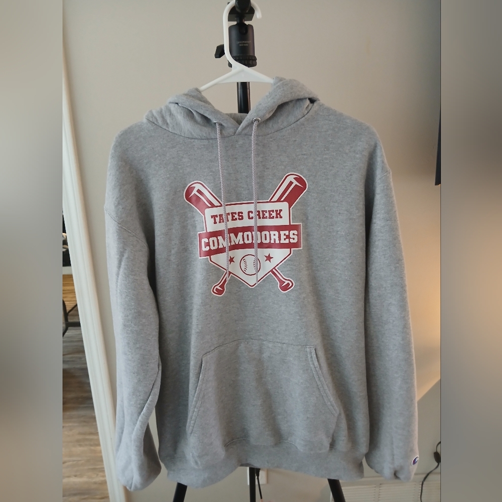 Champion Grey Hooded Sweatshirt with Blue and Red Logo